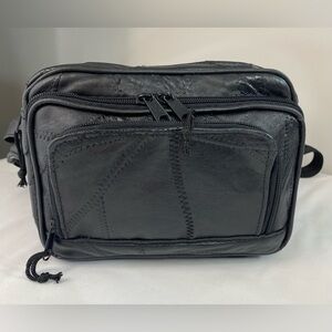 Vintage Y2K Womens Genuine Leather Belt Bag Patchwork Stitch 3 Zip Compartments